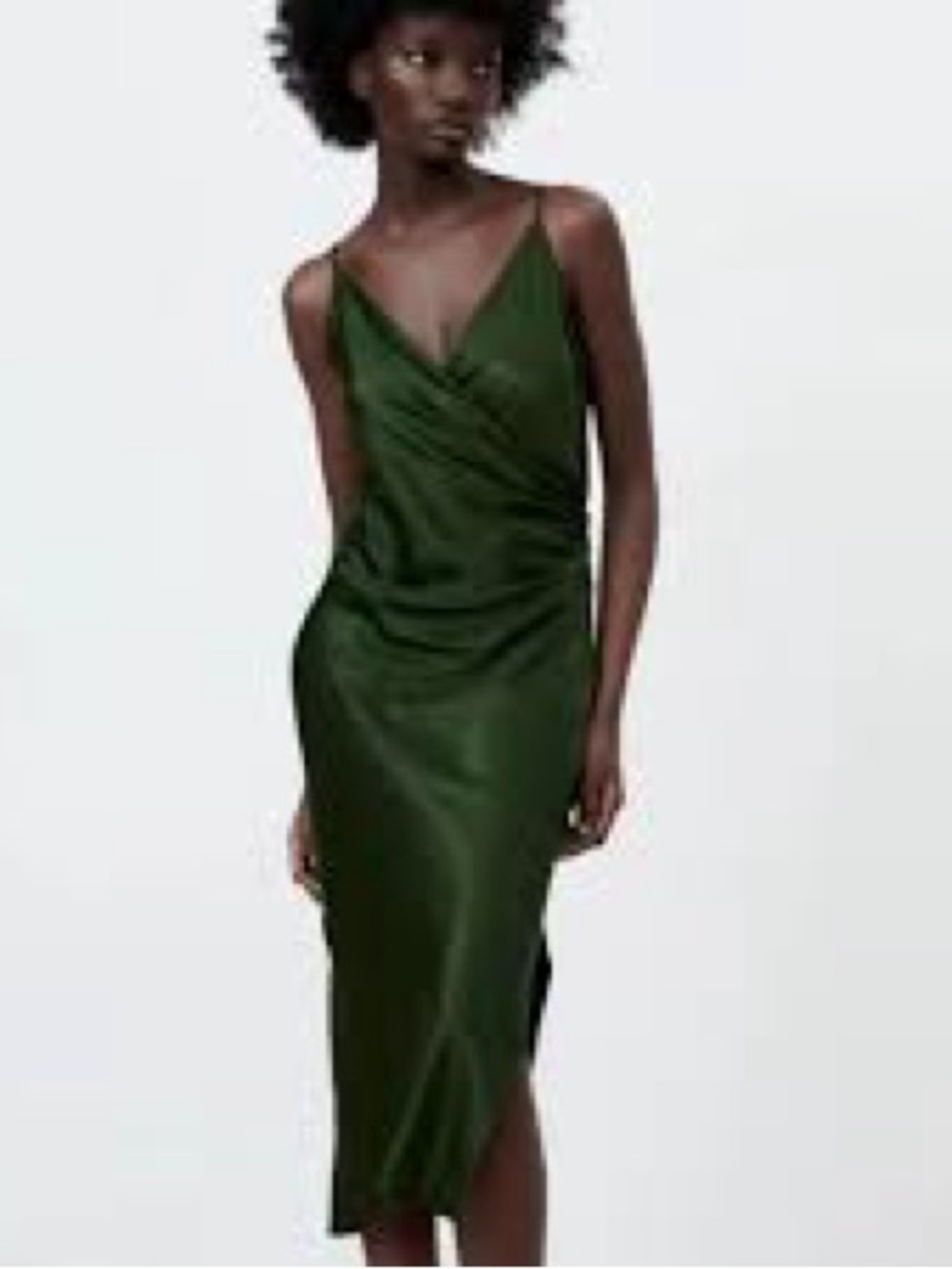 ZARA Satin Effect Draped Lingerie Style Midi Dress Olive Green S EUC